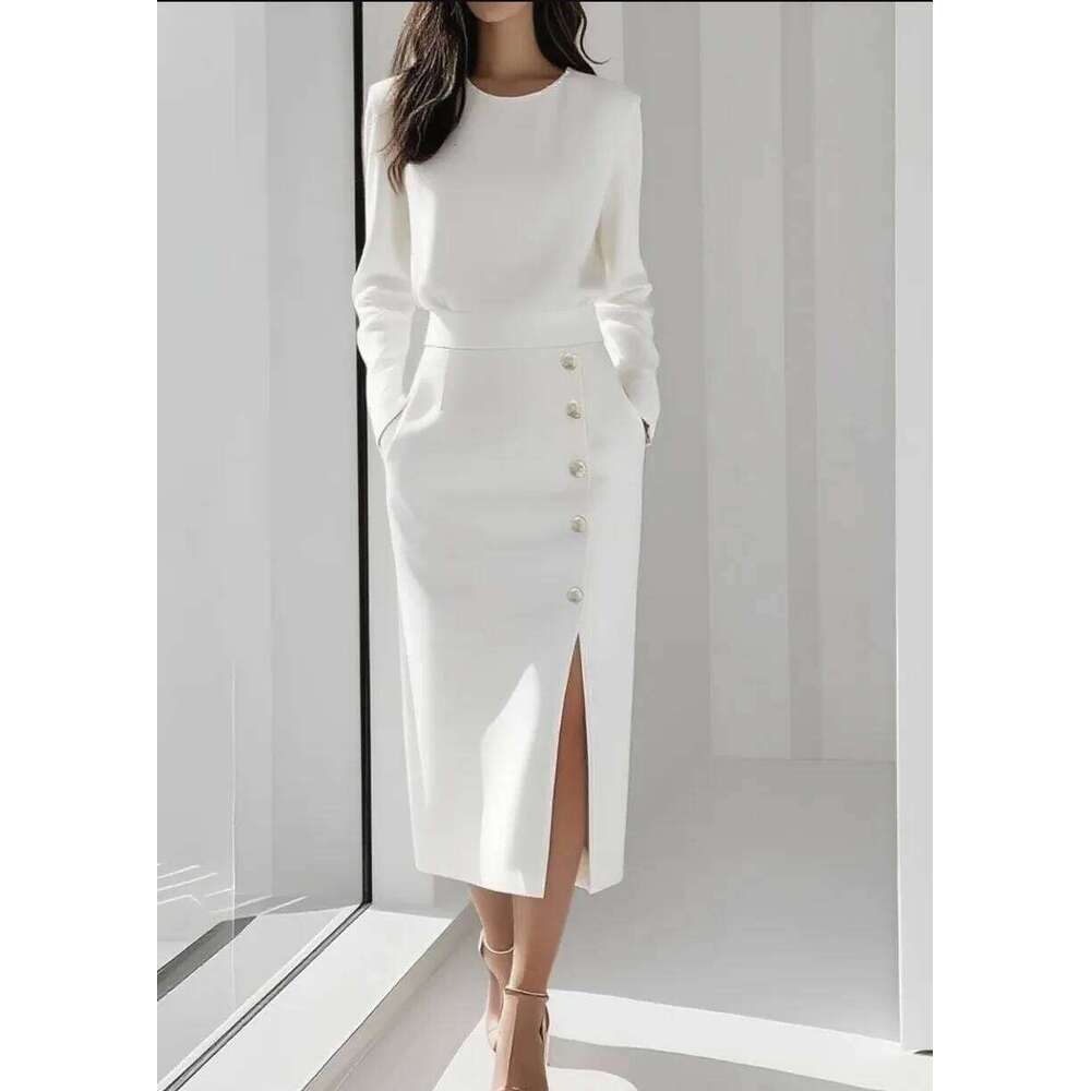 Women's Solid Color Long Sleeves Elegant Midi Dress with Button Details and Side Slit - Crew Neck C260312