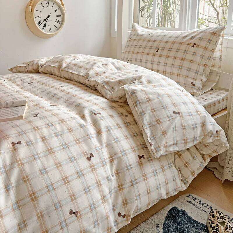 100% Pure Cotton Grid Pattern Bedding Set Skin Friendly Bedsheet Duvet Cover 2 Pillowcases Double Bedclothes for Home Dormitory H260312
