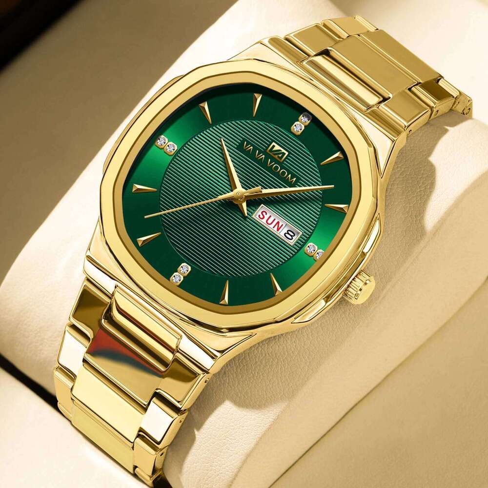 Luxury Men watch Fashionable Rhinestone Stainless Steel Strap Green Gold Business Style Top Brand Original 3Bar Waterproof Watch