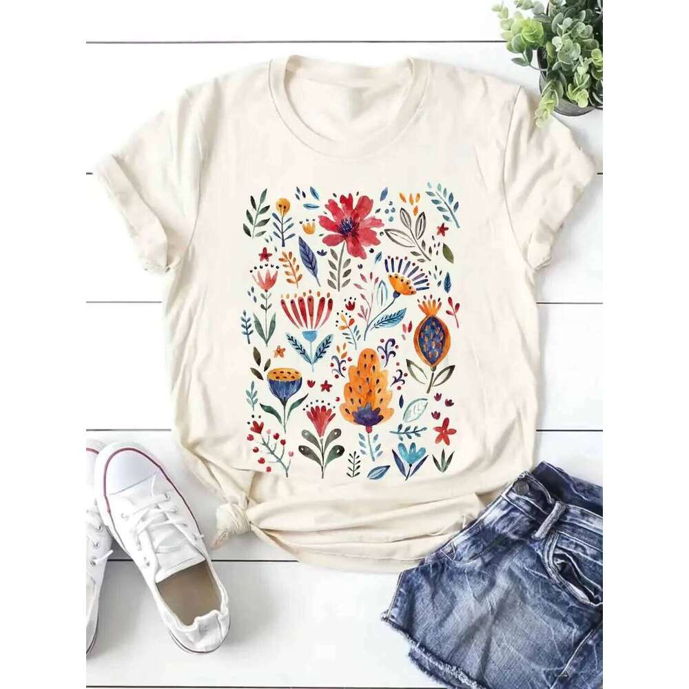 Harajuku 90s Fashion Leisure Women's Flower Pattern T-Shirt Clothing Short Sleeve Printed Watercolor Trendy T-Sh Z260312