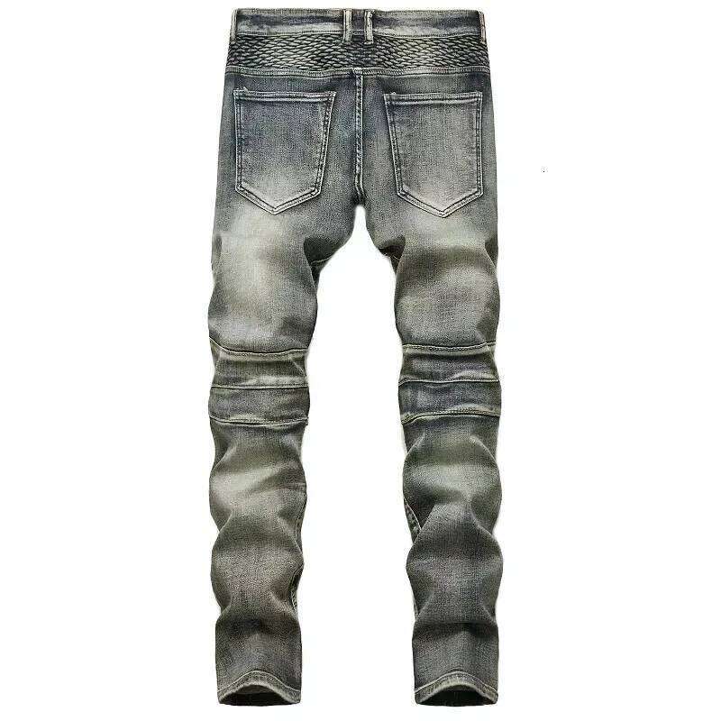 Men's New Casual Motorcycle Jeans Hip Hop Street Riding Stretch Slim Fit Straight Pants Patchwork Fashion Denim Trousers Male 26Y0312