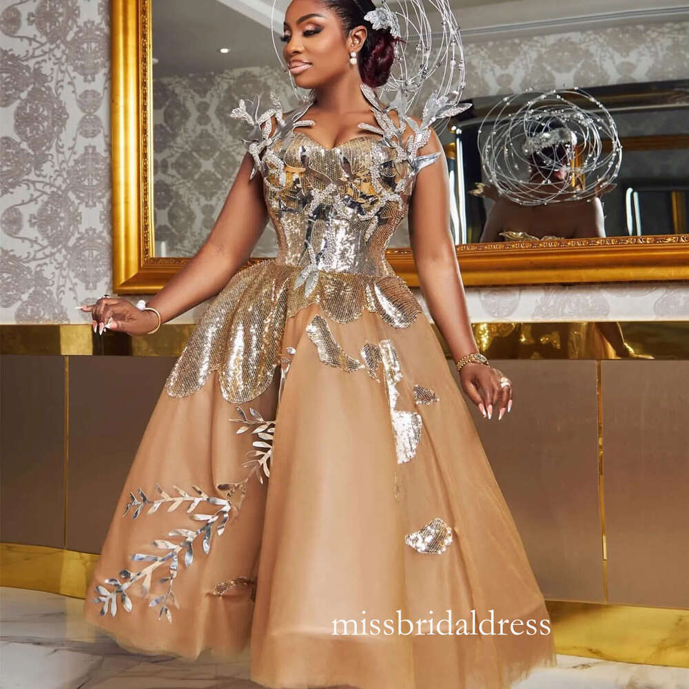 2024 Plus Size Gold Ball Gown Prom Dresses For Special Occasions Florals Tulle Evening Formal Party Second Reception Birthday Engagement Gowns Dress Z