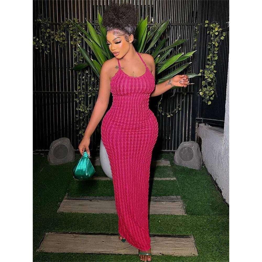 Kliou Solid Ruched Spaghetti Strap Bandage Maxi Dress Women Casual Sleeveless Backless Bodycon Ladies Party Streetwear Dresses C260312