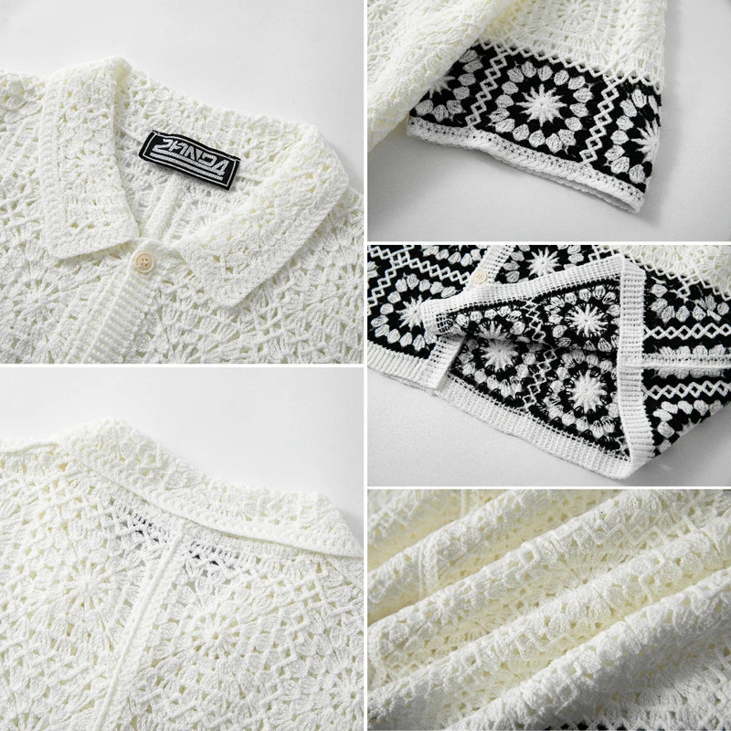 Retro Mens Summer Crochet Short Sleeve Shirts Fashion Hollow Out Knitted Polo Shirts High Quality Jacquard Cardigan Tops SY0069 260311