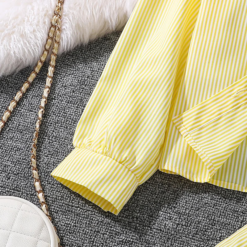 Childrens Spring Autumn 412 Years Old Girls Yellow Striped Long Sleeve Top Pants Suit Classic Simple Refreshing 260311