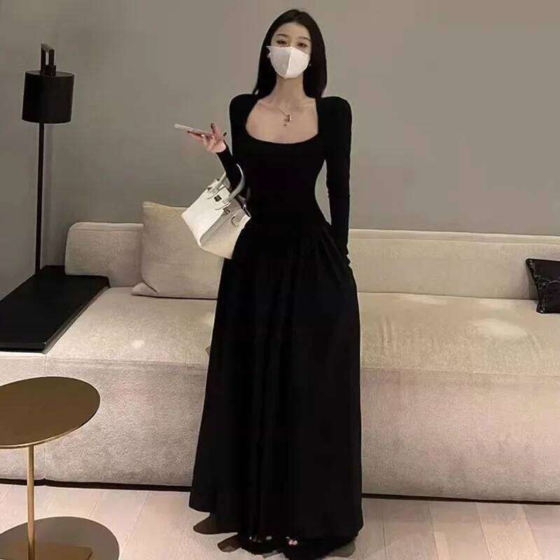 Korean Fashion High Waist Long Ladies Sexy Slim Low-Cut Square Collar Black Dresses Women Elegant Spliced A-Line Dress C260312