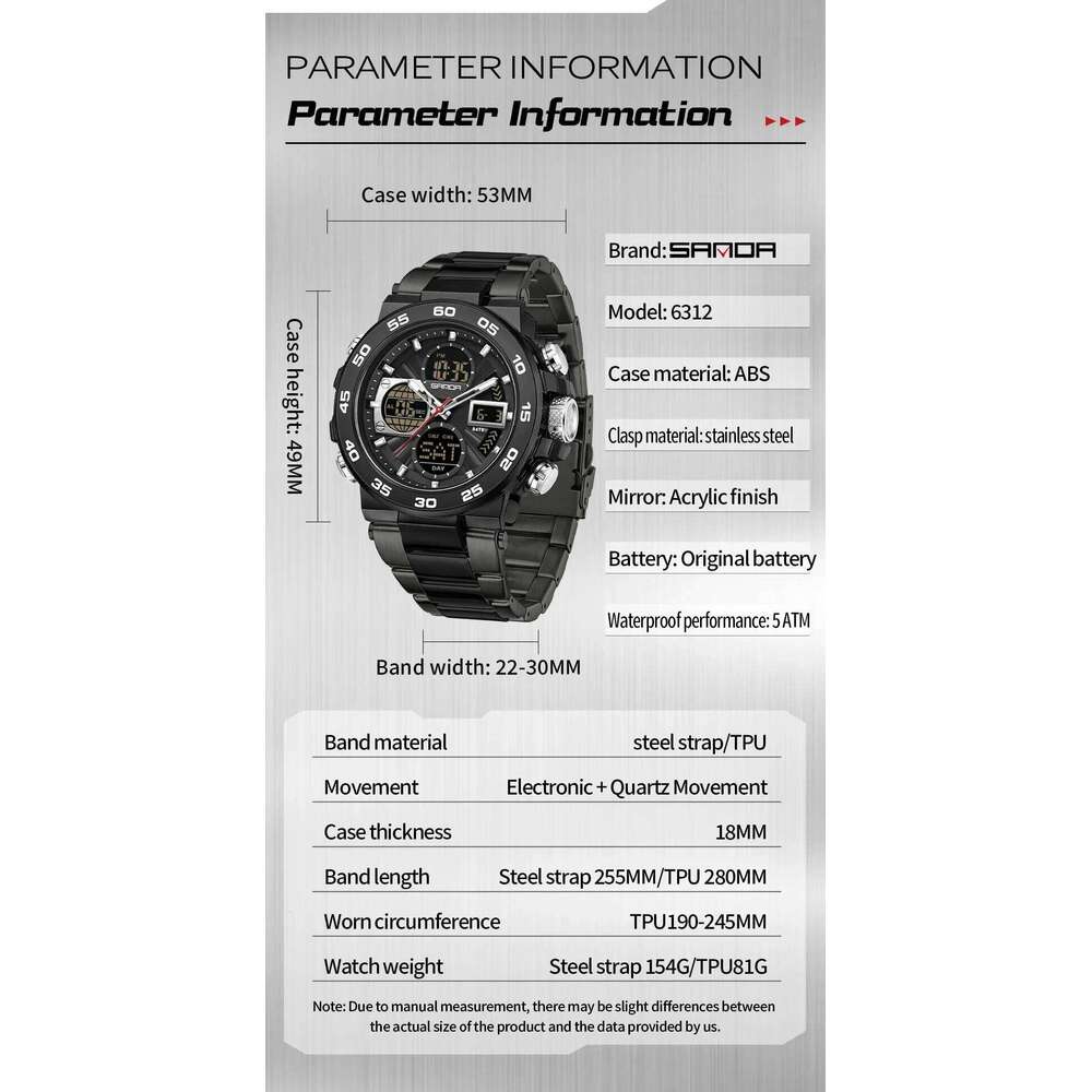 SANDA Luminous Dual Screen Multi functional Outdoor 3 Time Zones Sports Waterproof Men's Electronic Quartz Watch montre