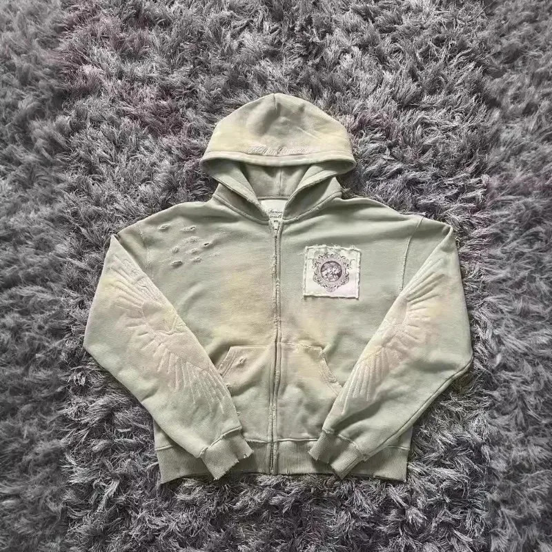 Y2K Vintage Casual Sweatshirt 2026 Fashion Cropped Tie-Dye Hoodie Men Light Green Letter Embroidery Heart Graphic Streetwear 260311