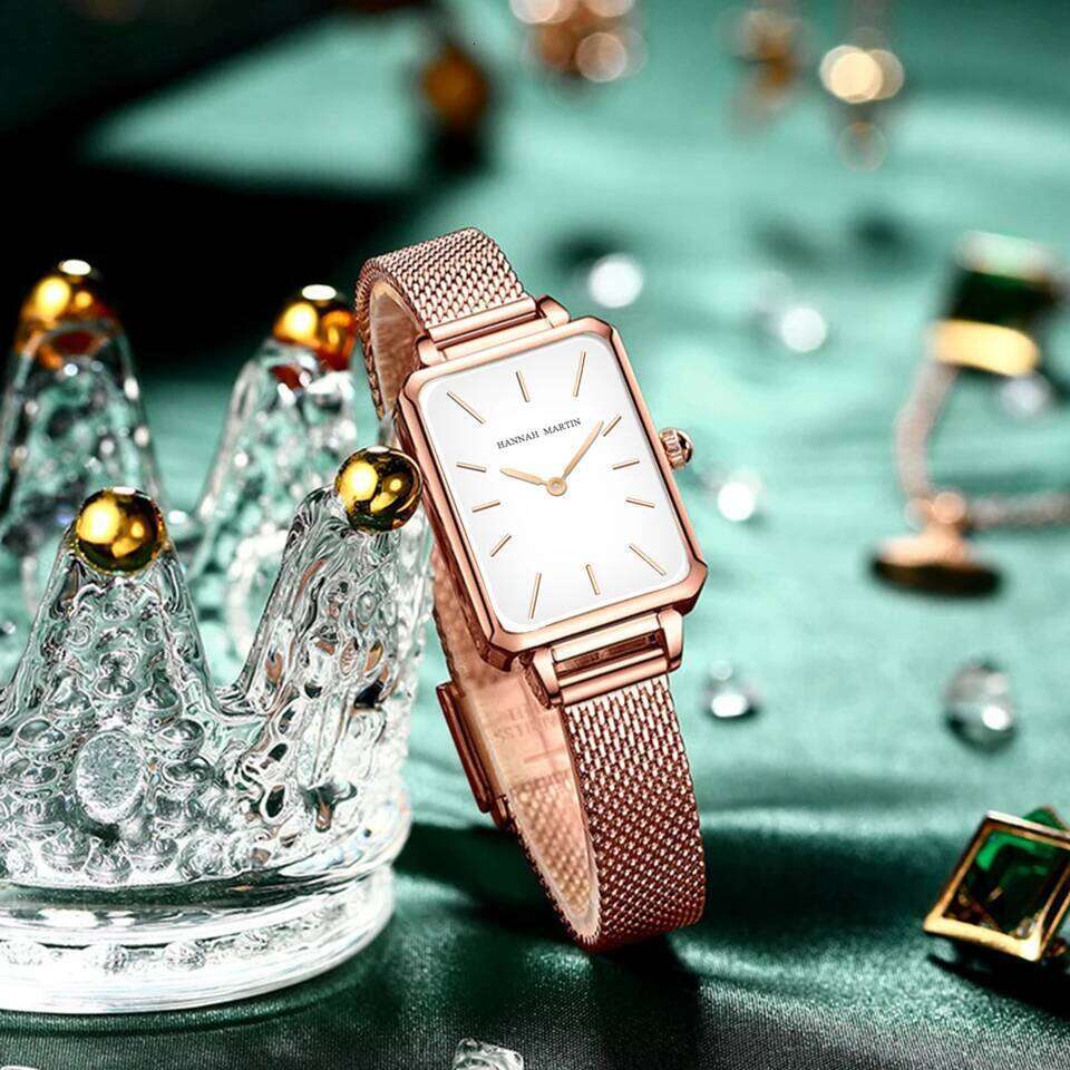 Square Women Stainless Steel Mesh Strap Watch Japanese Movement Rose Gold Simple Leisure Fashion Hannah Martin Watches