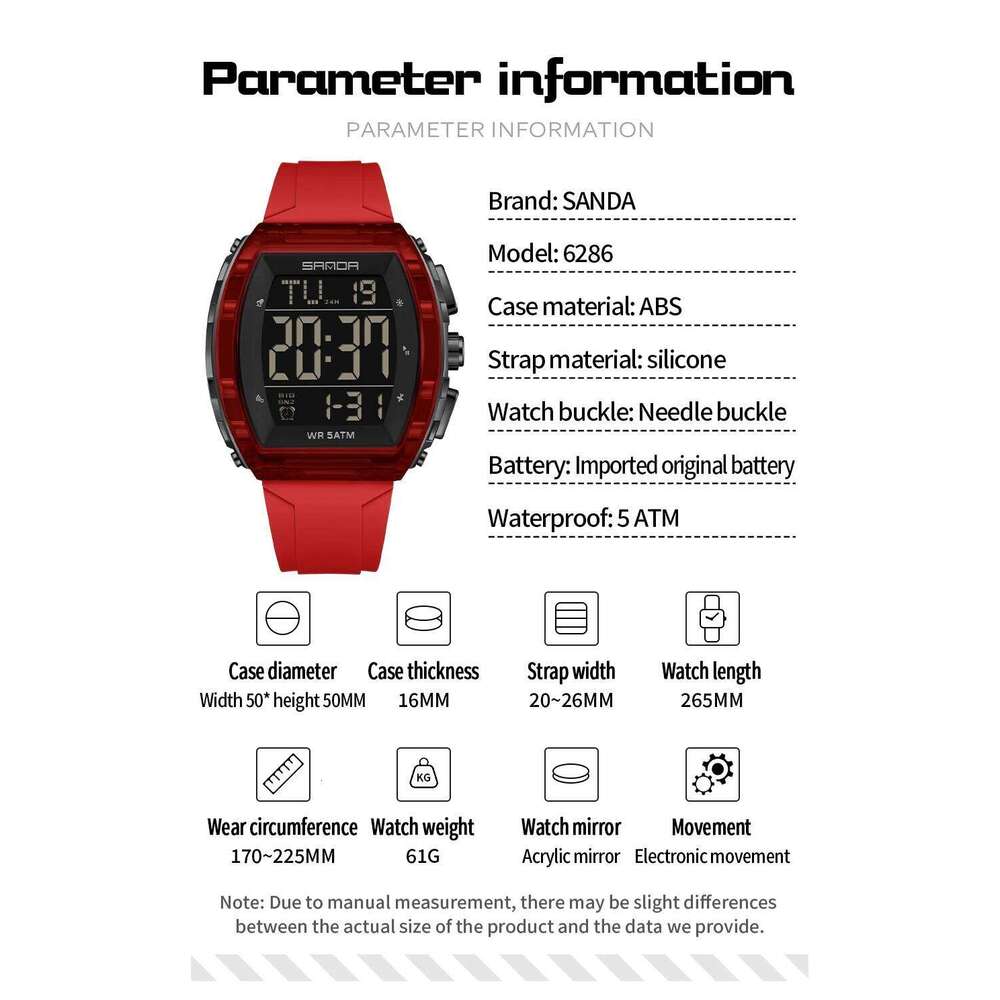 SANDA 6286 Fashion Electronic Watch Calendar Luminous Shockproof Waterproof Silicone Strap Men Women Sports Digital Wristwatch