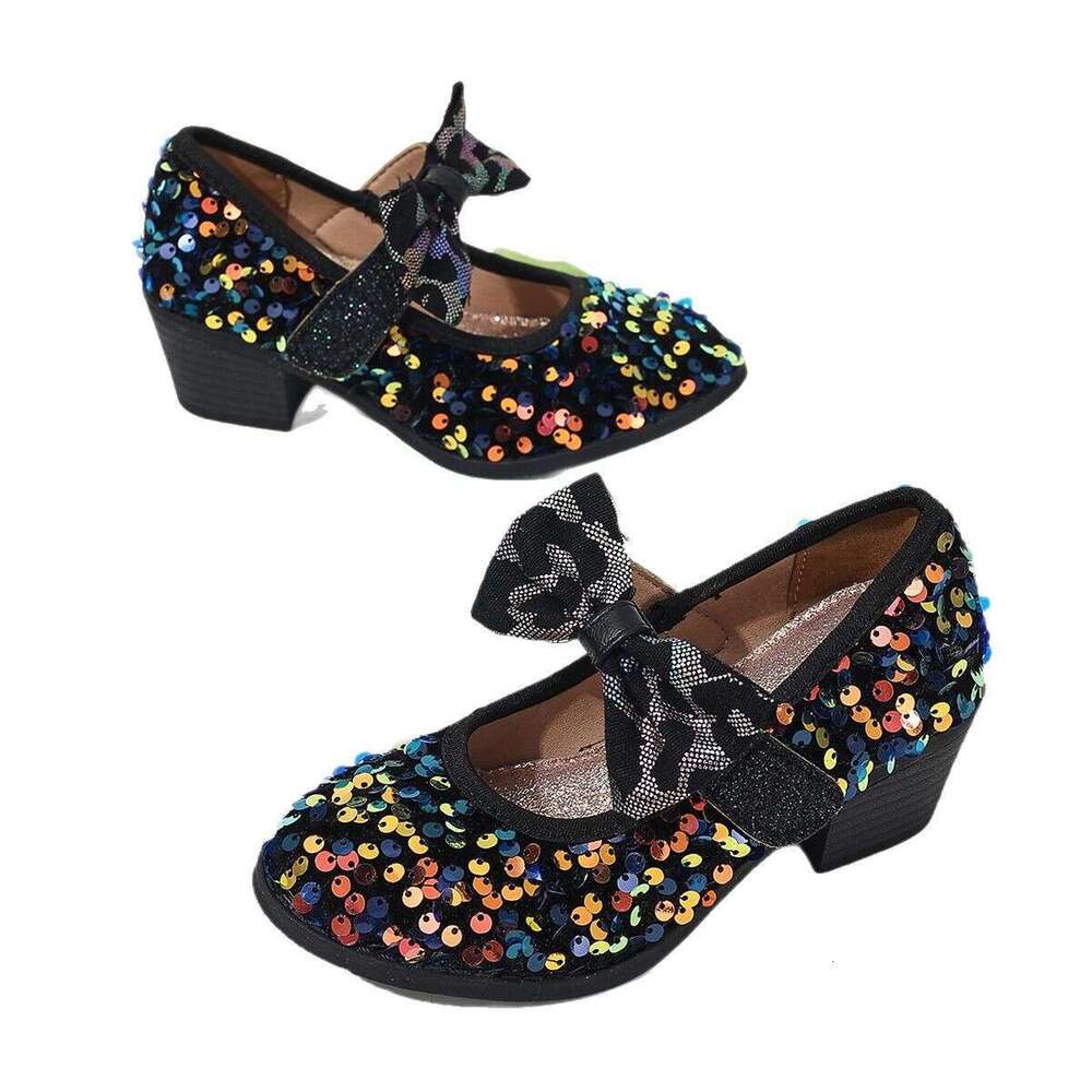 Black sequin fashion girls' high-heeled with Velcro, comfortable bowknot single shoes, princess children's elegant evening shoes 8158