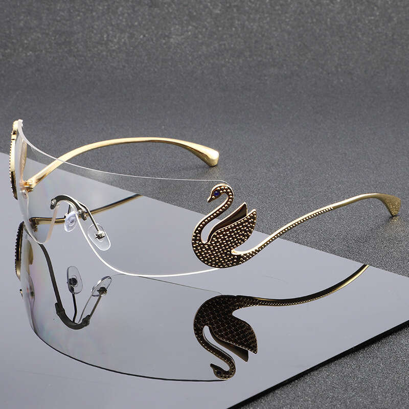 Fashion Diamond-Embellished Swan-Ear Sunglasses, Personalized Women's Sun Protection Versatile Rimless One-Piece Glasses