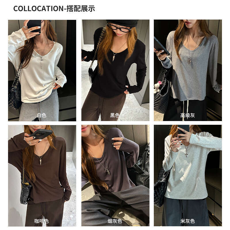 Premium Gray Long-Sleeve T-Shirt For Women, Autumn And Winter, V-Neck, Loose, Casual, Versatile, Suitable As A Base Layer