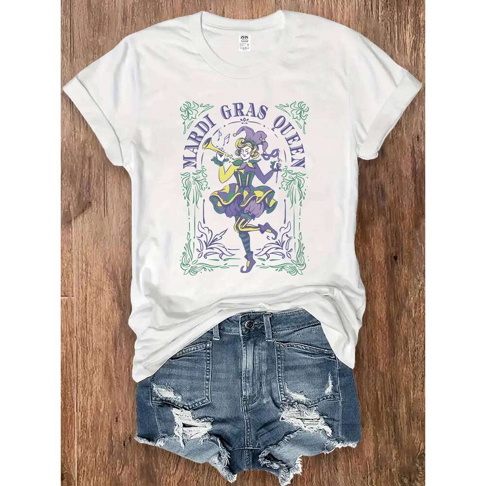 Women's Mardi Gras Queen Short Sleeve Tee Shirt Carnival Jester Poker Art Print Outings Party Holiday Gifts 2 Color Festival Top Z260312