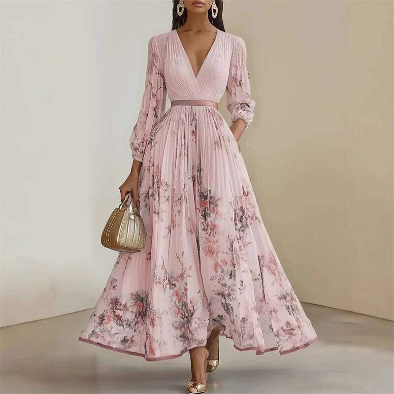 New Spring Summer Ladies Elegant Sexy V-neck Print Long Sleeve Big Swing A-line Holiday Dress Women Maxi Dresses Clothing C260312