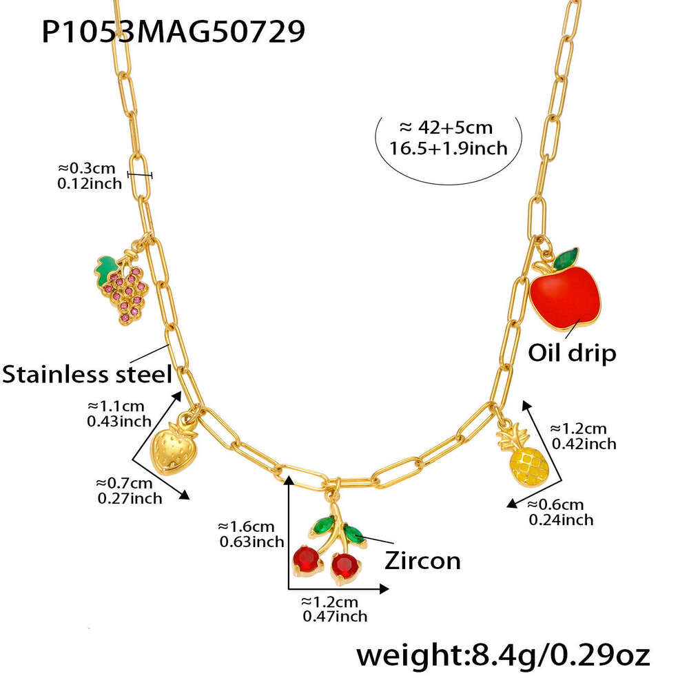 Stainless Steel DIY Cherry, Grape, Pineapple Pendant Necklace Ins Round Hollow Heart Zircon Clavicle Chain