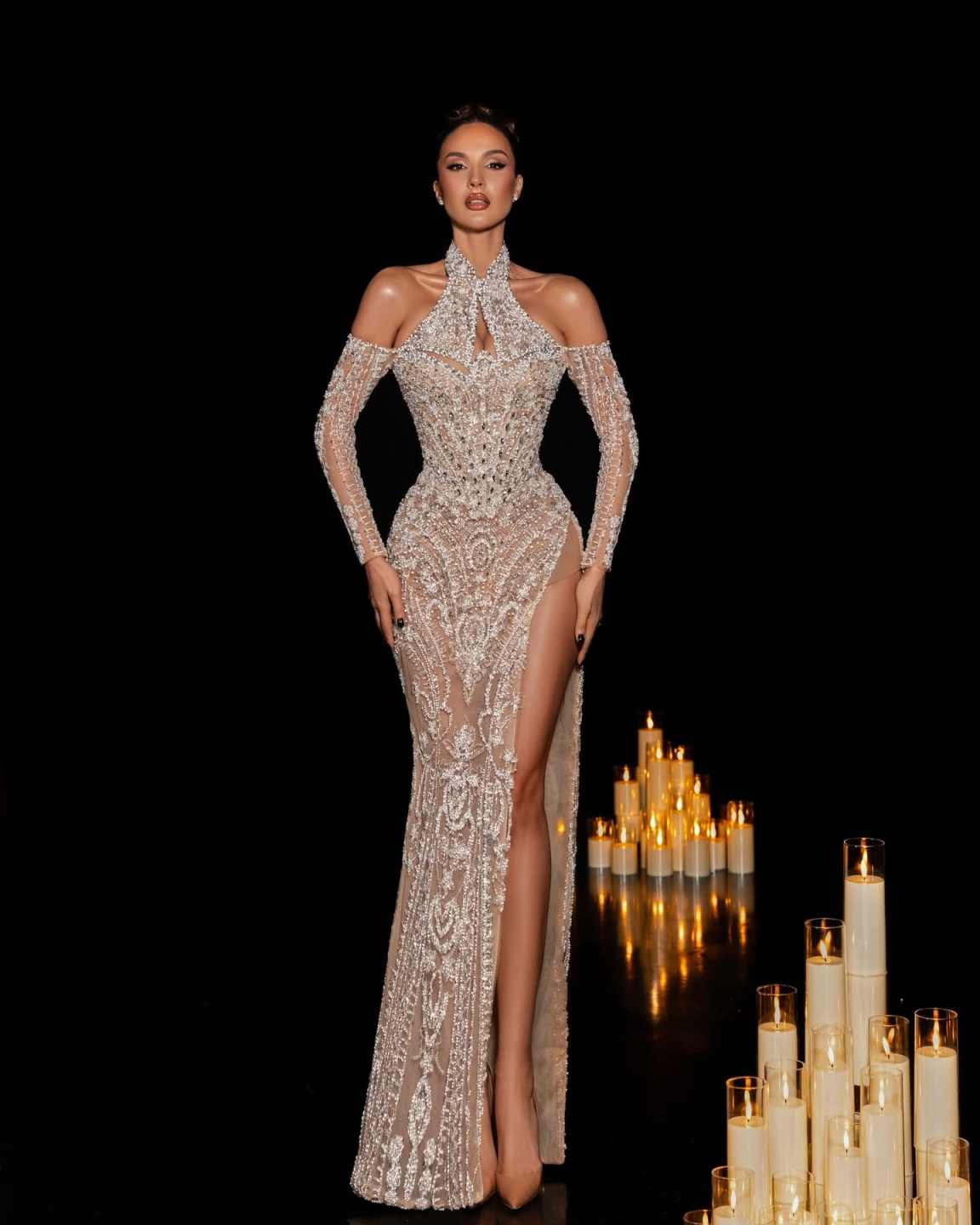New Design Evening Dresses Mermaid Halter Rhinestones Pearls Backless Party Dress Dresses Celebrity Prom Gown Customized Vestido De Novia