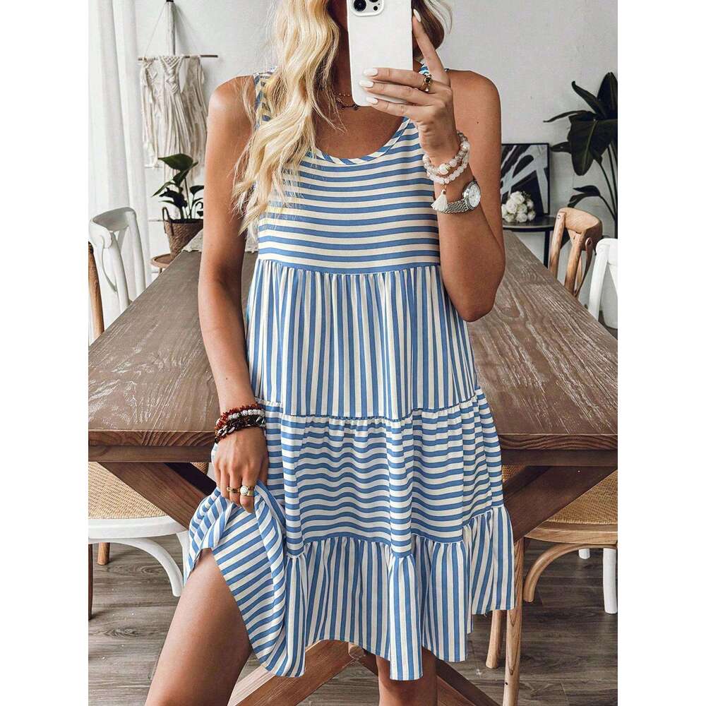 2025 Summer New Pullover Round Neck Loose Sleeveless Women, European and American Fashion Trend Striped Short Dress for Women