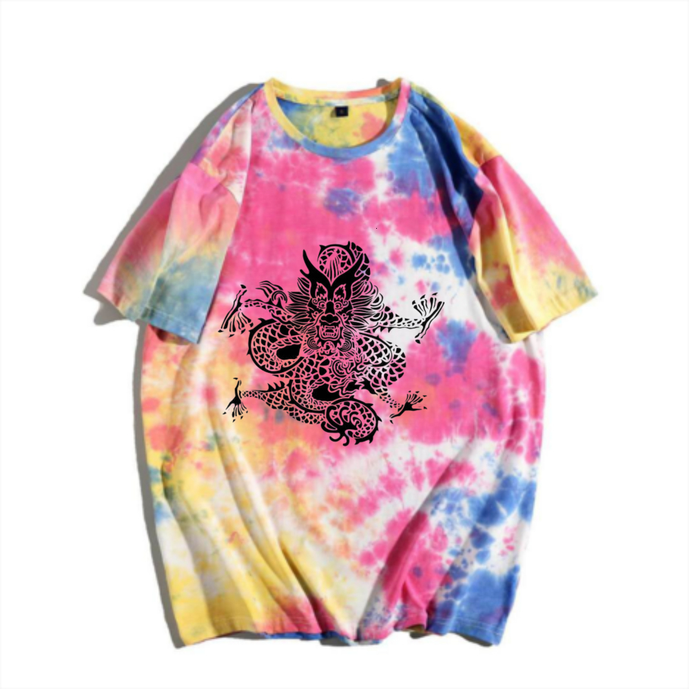 China-Chic New Chinese Dragon Tie Dyed Short Sleeve T-shirt Rainbow Gradual Change Traditional Dragon Print Men's Summer Versatile Top