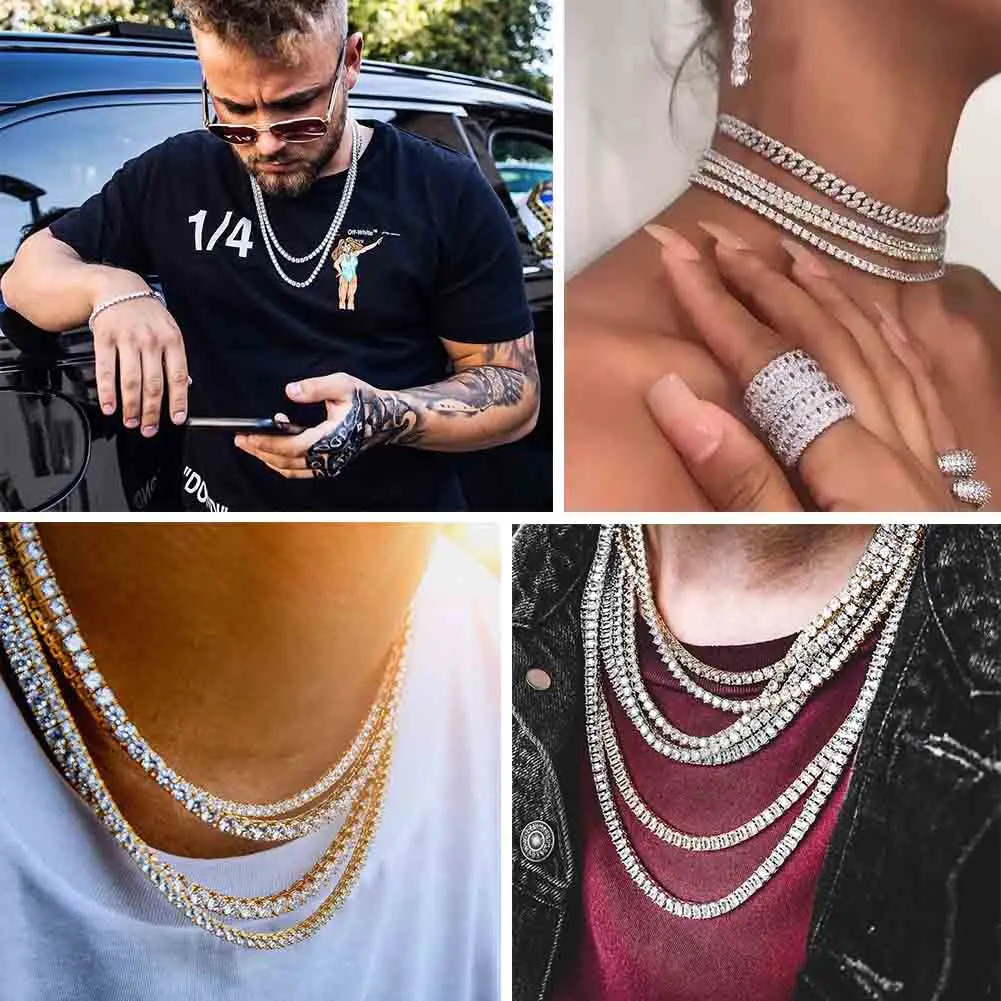 TOPGRILLZ 3mm-10mm Iced Out Bling Zircon 1 Row Tennis Chain Necklace Men Hip Hop Jewelry Gold Silver Color Charms 260304