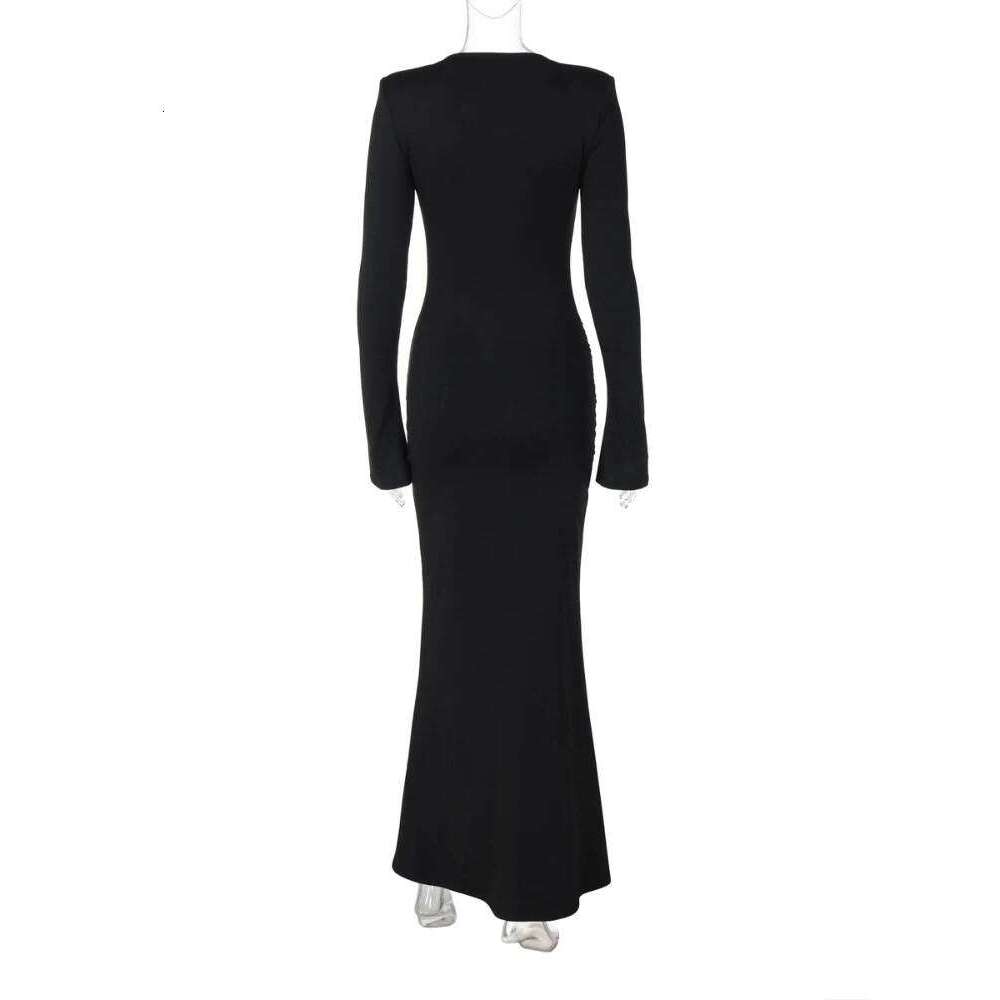 Leosoxs Elegant Vintage Dress Women Fall Flared Full Sleeve Metal Buckle Pleats Solid Casual Simple Trend Skinny Long Bodycon C260312