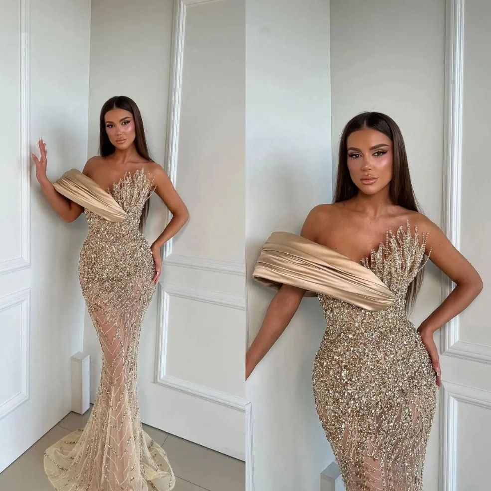 Glamorous Crystal Evening Beaded Off Shoulder Mermaid Prom Gowns Sequins Illusion Party Dresses Custom Made 0125