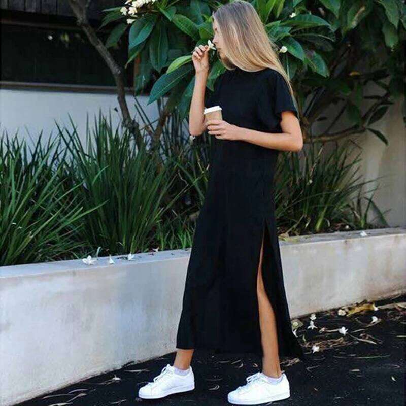 Summer Korean Style Midi Women Casual Black Long Dresses Short Sleeve Sexy Plus Size Side Open Party Maxi T Shirt Dress C260312