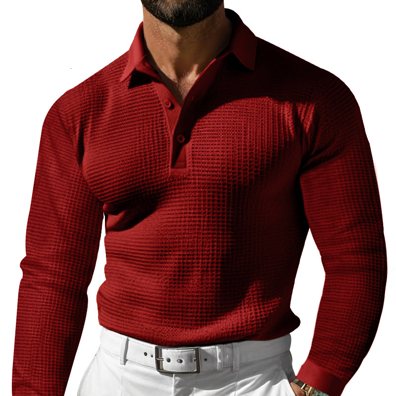 Autumn Men's Waffle Knit Polo Solid Designer Hoodie Color Turn-down Collar Buttoned Long Designer Shirt Sleeve Polo Shirt Casual Top European Size
