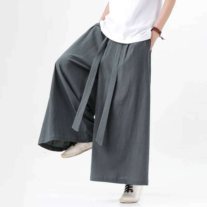 2024 Spring Chinese Style Cotton Linen Harajuku Men Kung Fu Kimono Trousers Male Street Wushu Wide Leg Pants Bottom