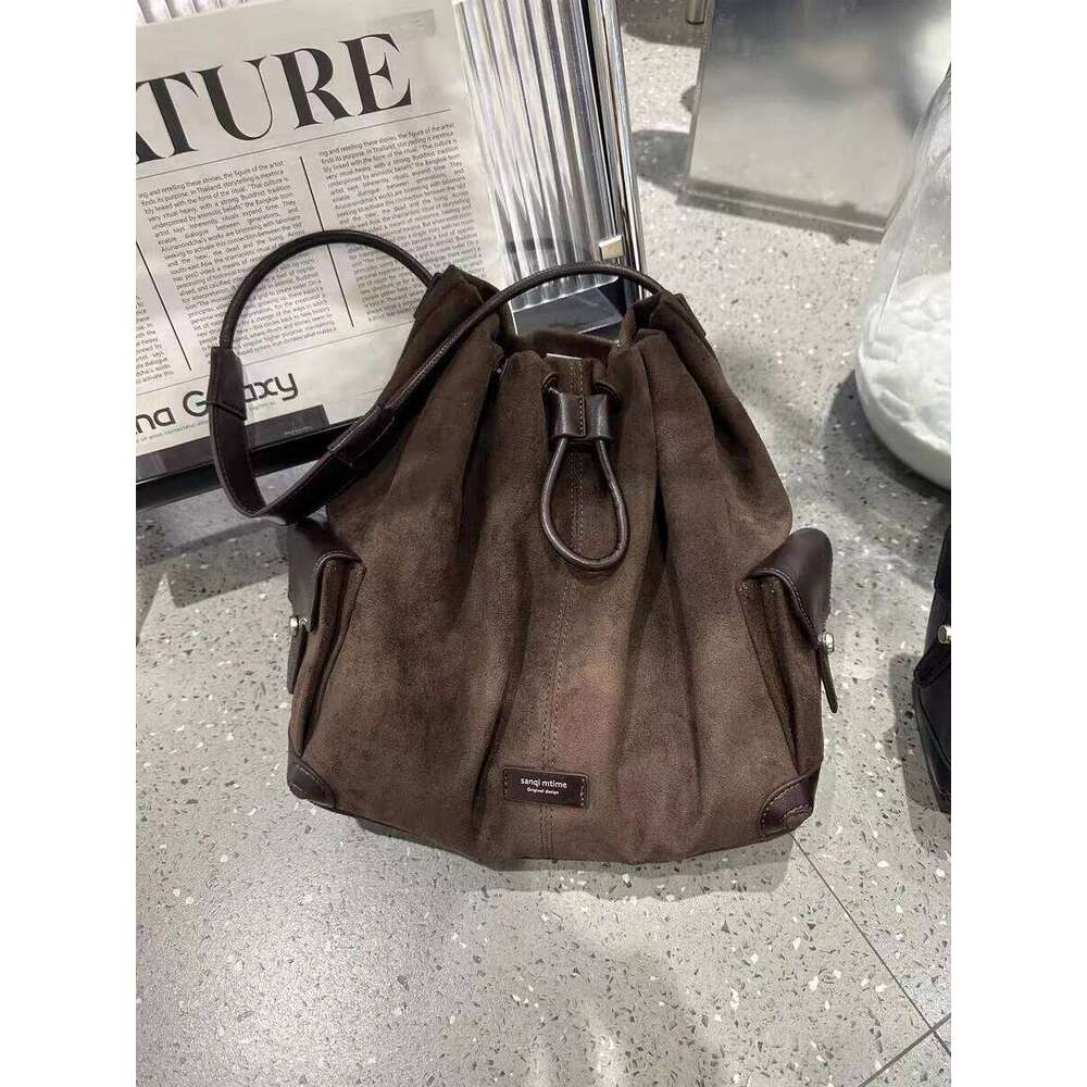 European And American Frosted Suede Bucket Type Backpack Retro Large Capacity Portable Single Shoulder Diagonal Cross Bag Trendy