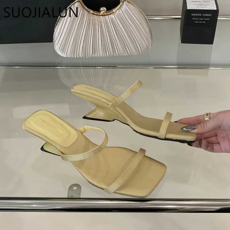 SUOJIALUN 2025 Summer New Women Slipper Fashion Narrow Band Ladies Elegant Slides Shoes High Wedge Heel Outdoor Dress Sand K260312