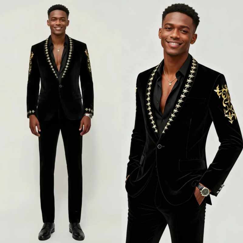 High Quality Men Suit 2 Pcs Blazer Pants Velvet Embroidered Slim Fit Jacket Special Occasion Wedding Prom Party Customized