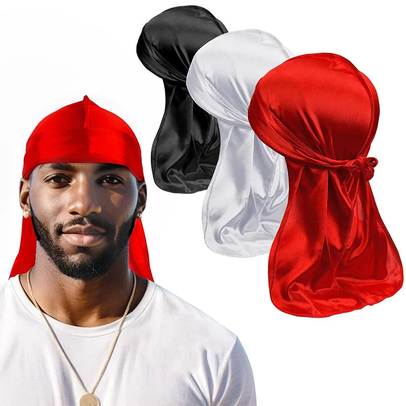 3PCS/LOT Mens Silky Durag Shower Cap Bandana Satin Du Rag Doo Rag Outdoor Travel Street Long Tail Wave Cap Bathroom Accessories 260304
