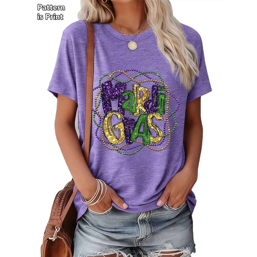 Women Mardi Gras T-Shirt Purple Green Gold Text Summer Short Sleeve Tee Casual Festival Party Gift Top Multi Colors Available Z260312