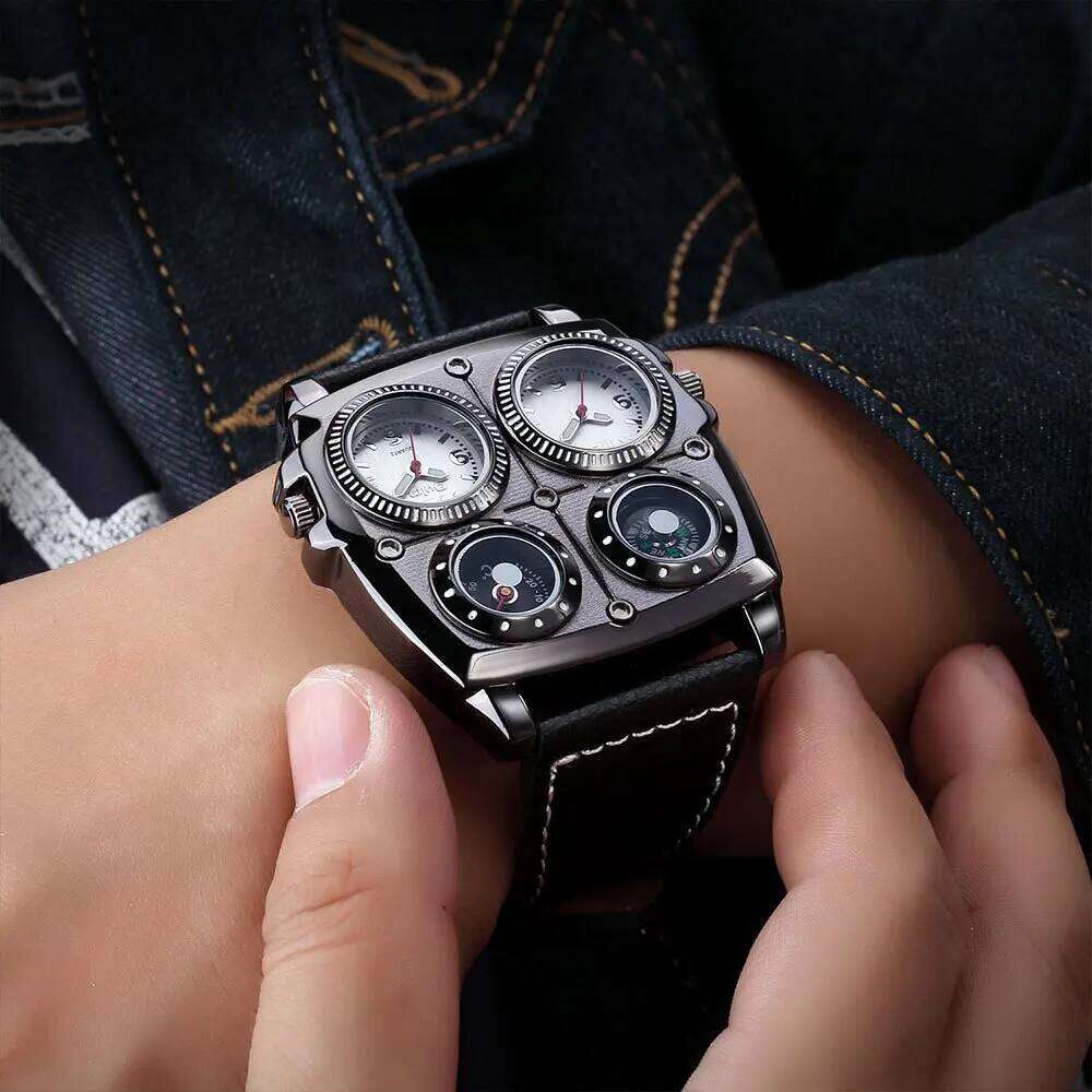 Oulm Fashion Casual Cool Streetstyle Watch Double Time Zone Large Dial Luminous Leather Strap Men's Quartz Watches reloj
