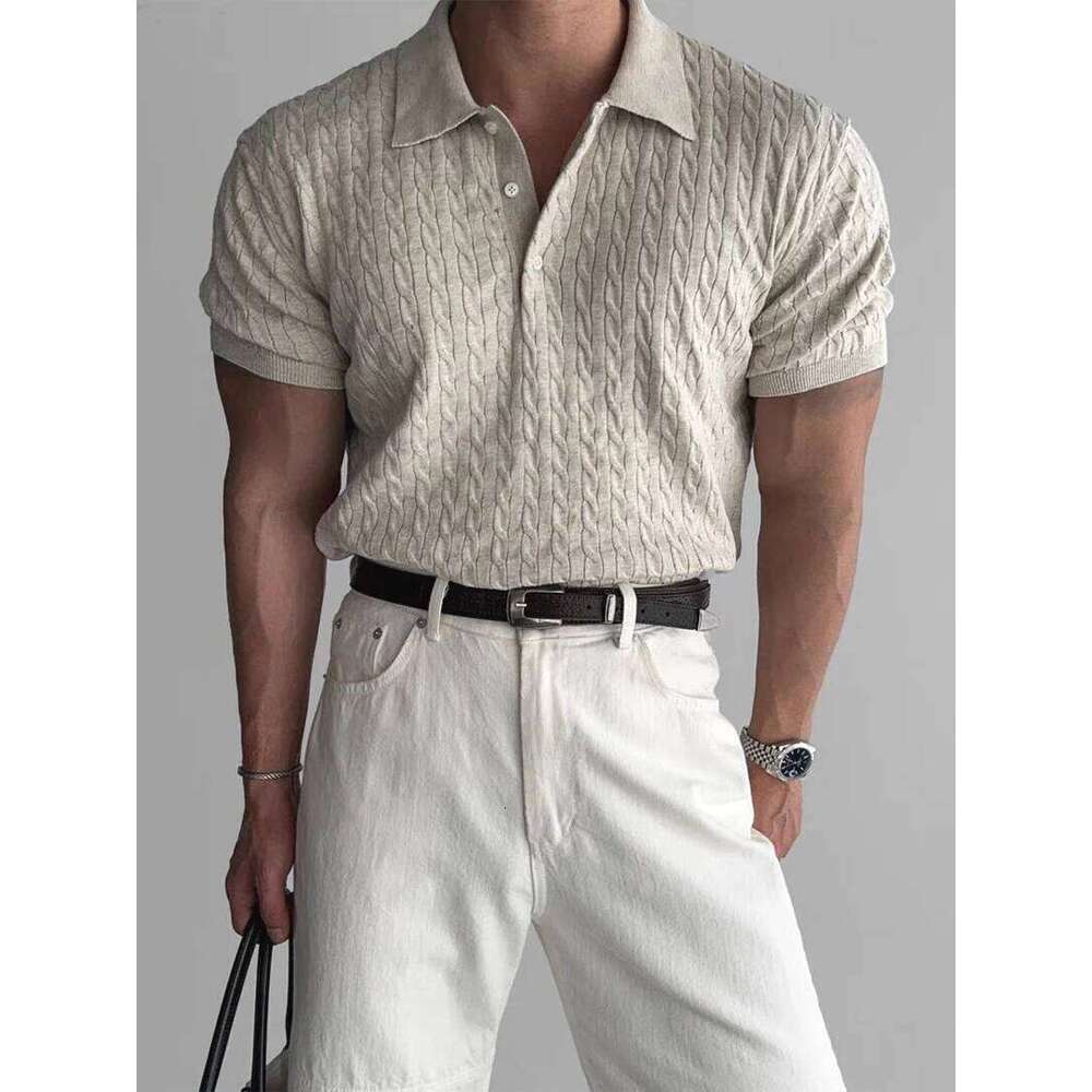 American Sle Hard Man Knitted Irt Muscle Men Slim Fit Elastic Ort Turn-Down Collar Sweatirt Tight Sve ...