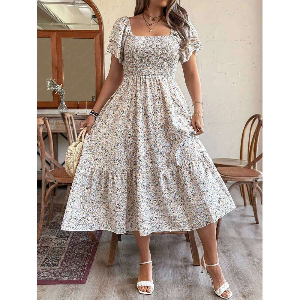 plus Size Romantic Floral Print Square Neck Elastic Waist A-Line Hem Sleeve Long for Women Holiday Casual Dress C260312
