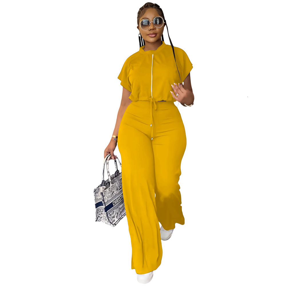 Womens Summer Drawstring Short Top and High-Waisted Slit Pants Two-Piece Set