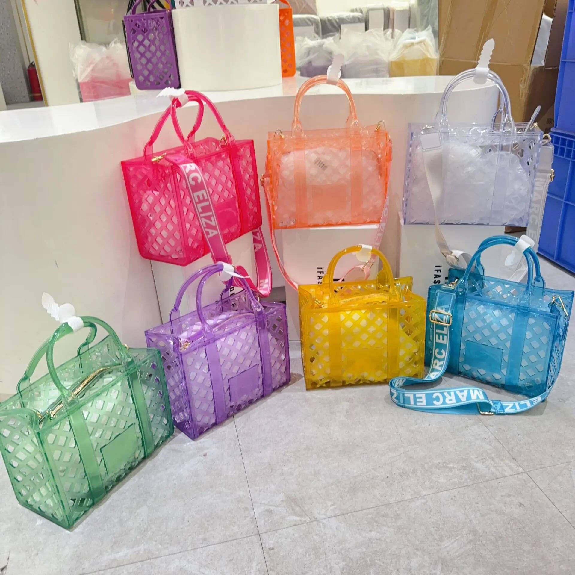 Adult Hollow Vegetable Basket Unisex Forest Candy Color PVC Shoulder Large Capacity Wide Strap Transparent Tote Bag Handbag