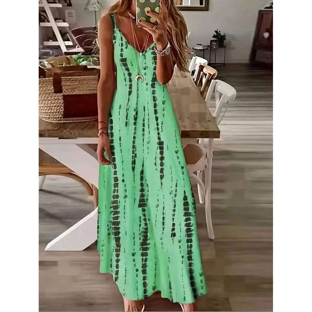 Women's Casual Loose V-neck Tie Dye Printed Spaghetti Maxi Summer Beach Vacation Long Dress C260311