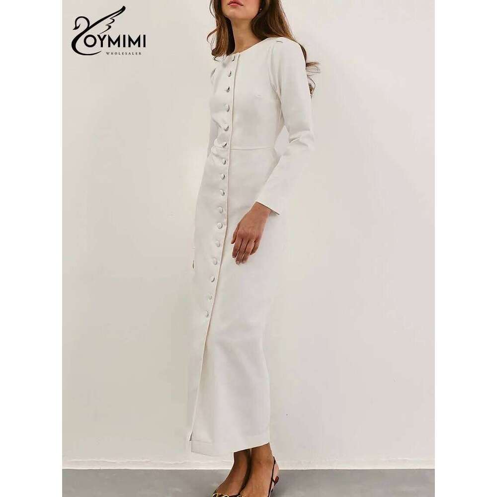 Oymimi Elegant White O-Neck Womens Fashion Wrist Sleeve Single Breasted Dresses Casual High Waisted Ankle-Length Dress C260311