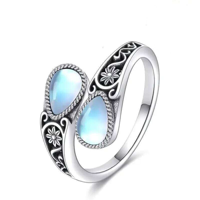 Huajie Women's Black/White Moonstone Inlaid Elegant Opening Rings Carving Patterns Party Lady New Ring Jewelry Accessories H260312