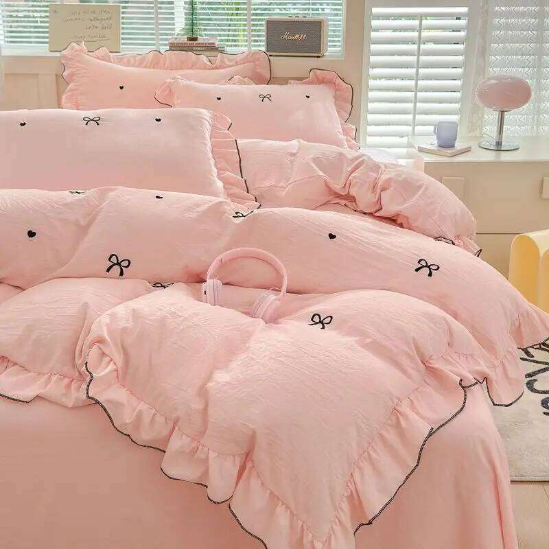 Washed Cotton Embroidered Quilt Cover Bow Heart Sheet Three-piece Bed French Princess Style Lace Four-piece Set H260312