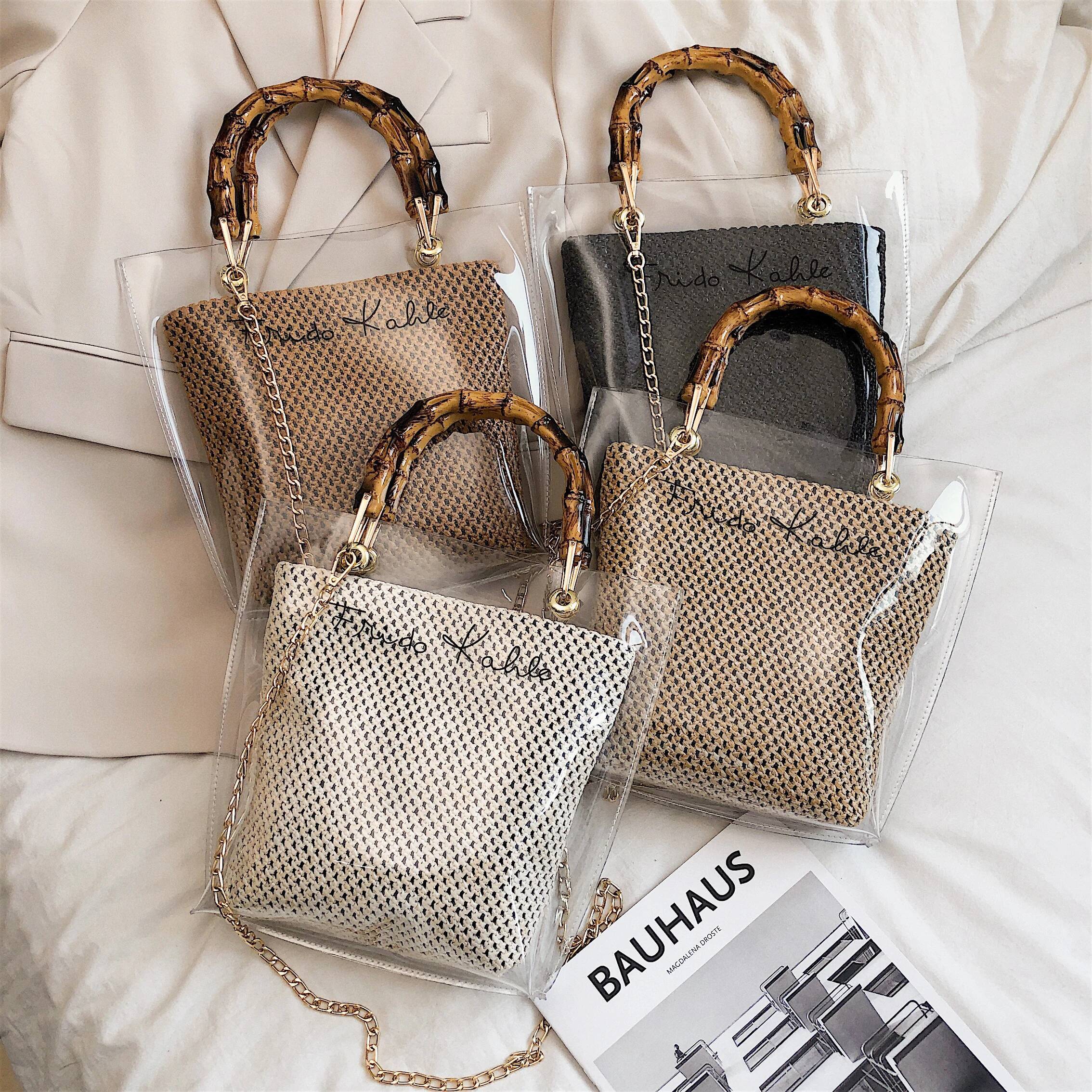 Slub Handle Transparent Bags For Women 2026 Summer Travel Shoulder Simple Crossbody Handbags Lady Beach Hand Bag