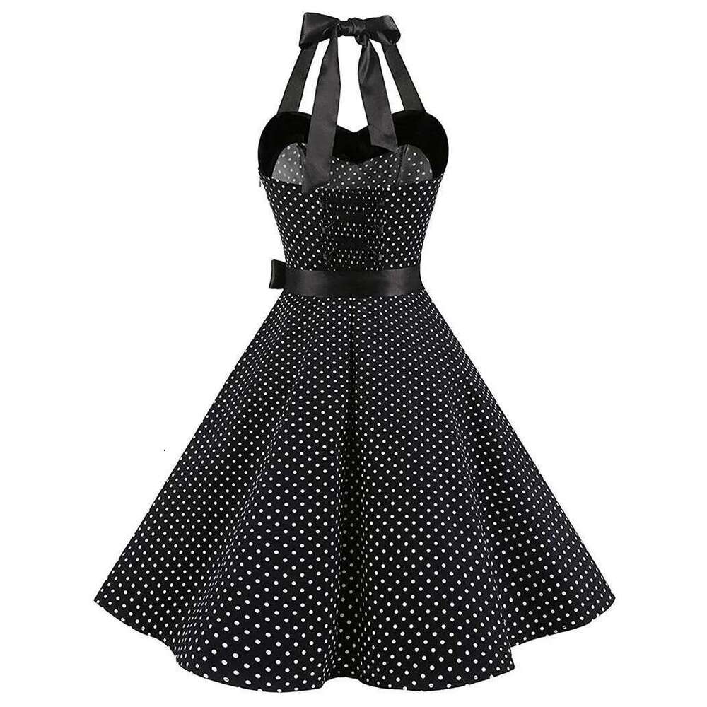 Women Polka Dot Print Summer Sexy Retro White Halter Vintage Robe Femme Pin Up Rockabilly Party Dress C260312