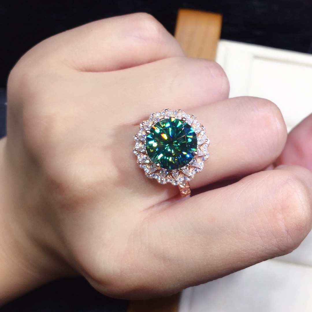 18K Gold Plated Green 5A Zircon Open Rings CZ Diamond Round Cut Brilliant Cut Halo Ring Dazzling Wedding Band for Women Gift Adjustable Size