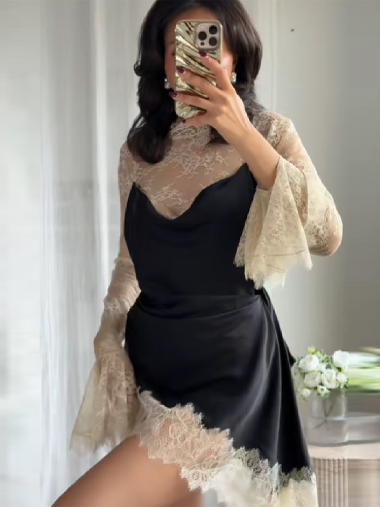 Vintage Contrast Lace Satin Dress for Women Sheer Bell Sleeve Mock Neck Ruched Bodycon Mini Cocktail Dress