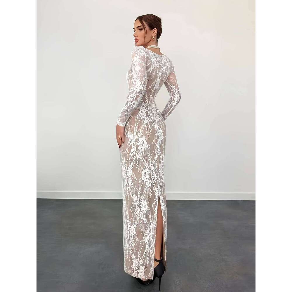 Elegant Direction Women's Spring Summer New Lace Splice Sexy Slim Long Sleeve Fashionable Casual Midi Dress C260312