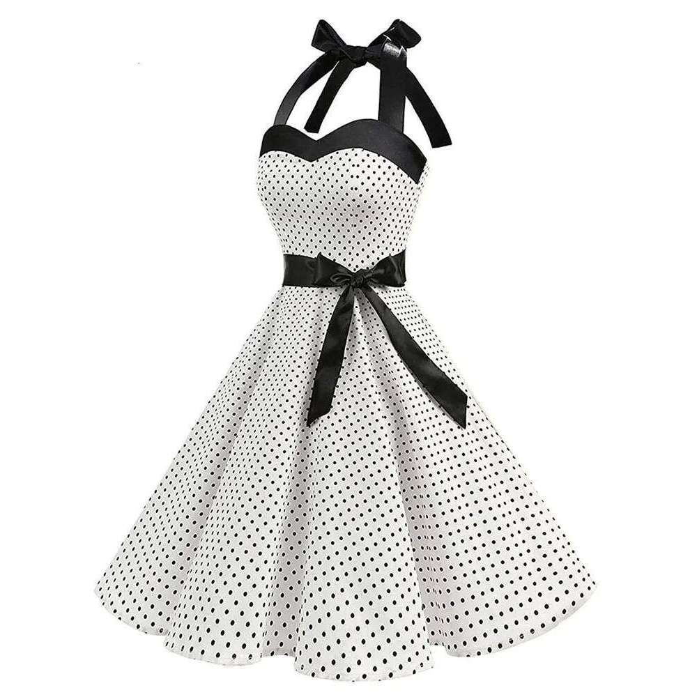Women Polka Dot Print Summer Sexy Retro White Halter Vintage Robe Femme Pin Up Rockabilly Party Dress C260312