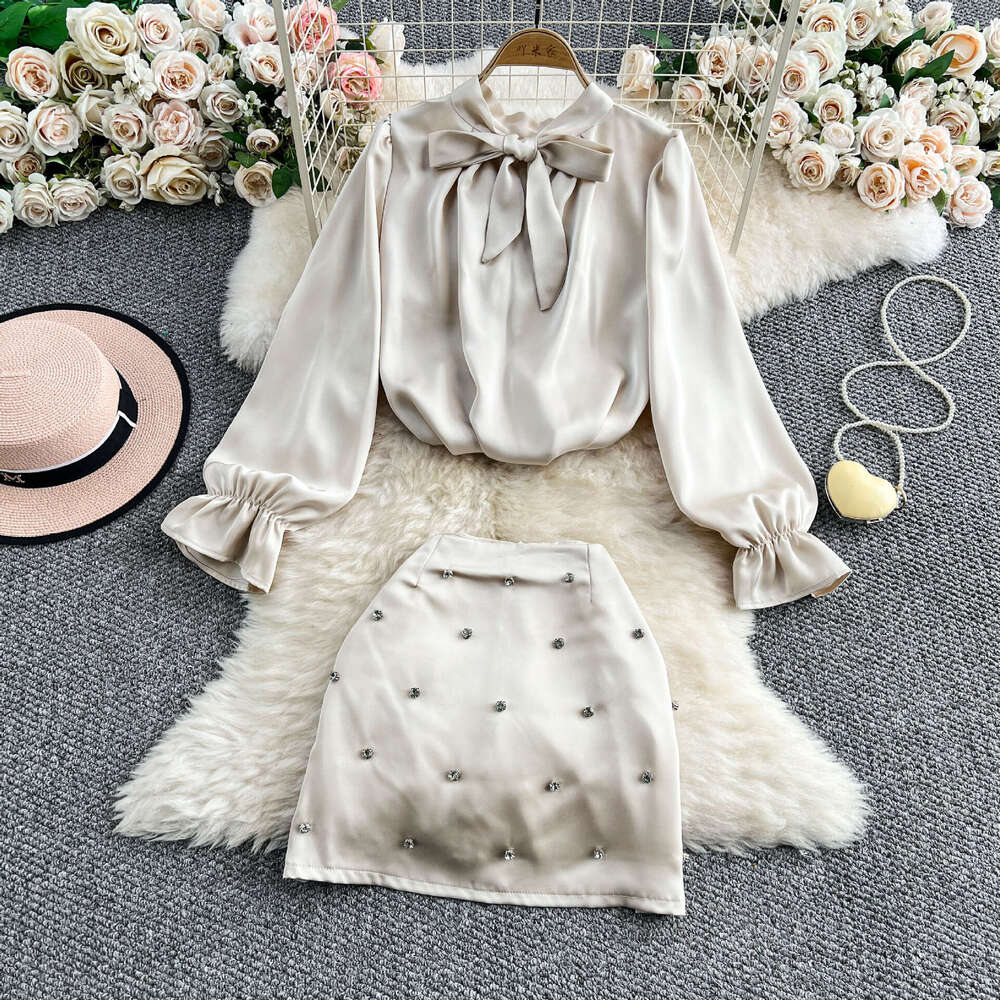 Designer socialite high-end two-piece set for women 2026 new French bow satin shirt a23 Rhinestone skirt